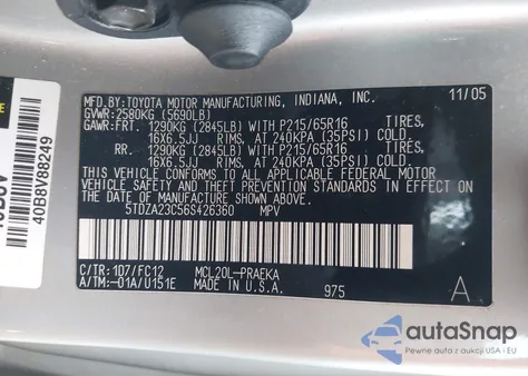 2006 Toyota Sienna Le из США, поврежденный, VIN 5TDZA23C56S426360